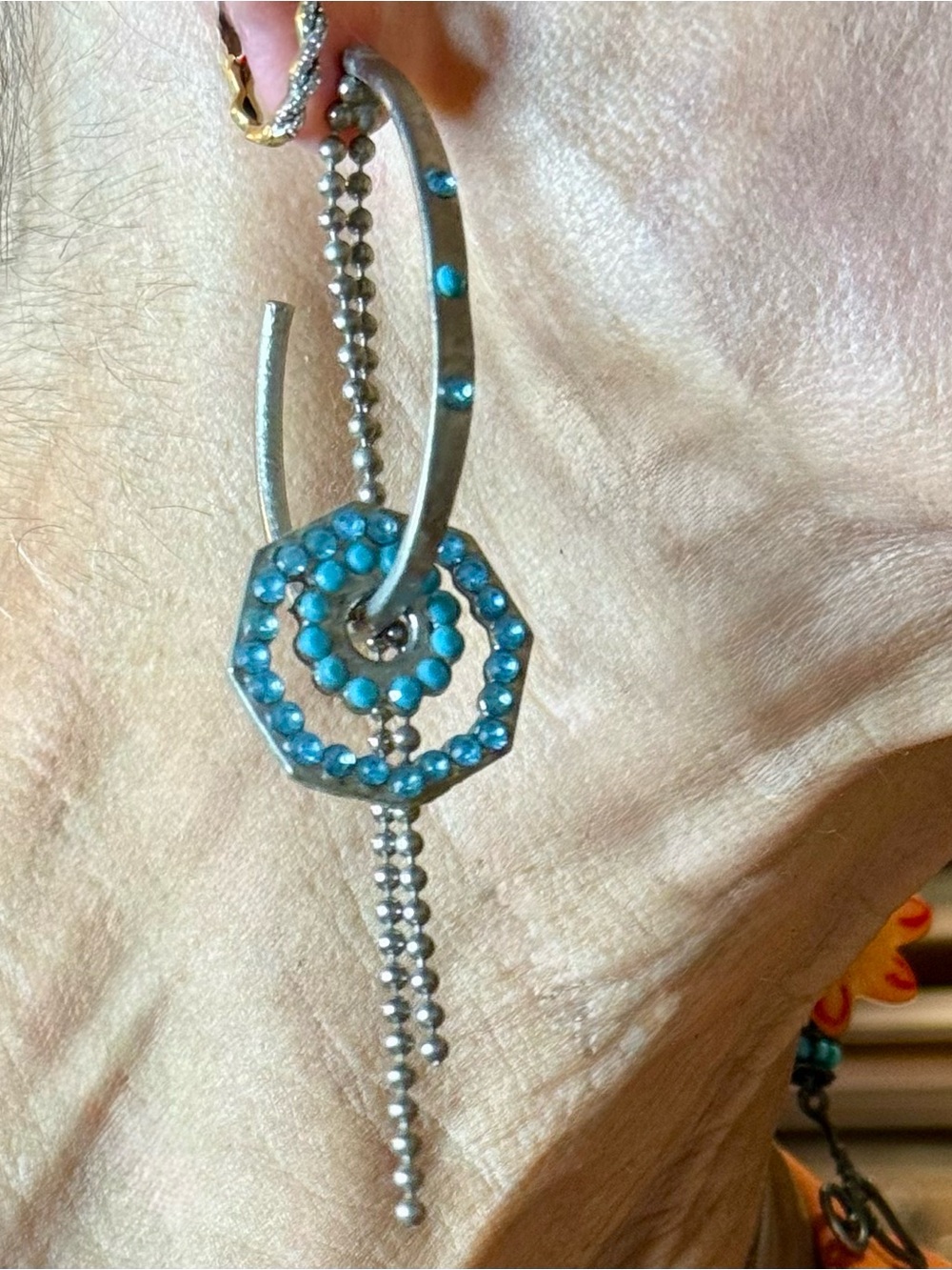 Artisan Turquoise & Crystal Statement Hoop Earrings-Geometric Silver Tone Dangle